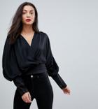 Asos Design Tall Satin Batwing Wrap Top-black