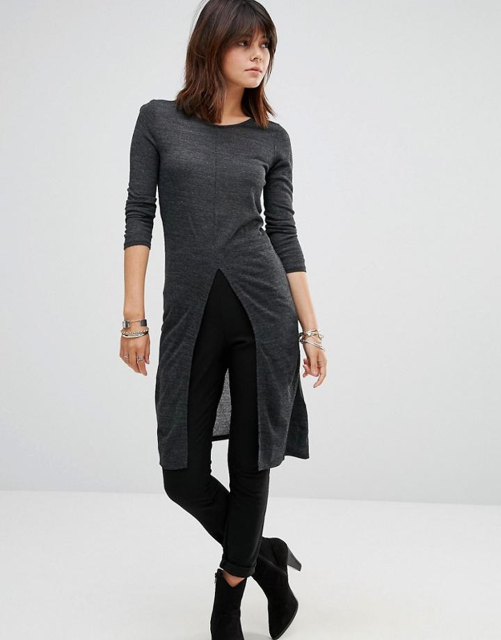 Only Jano Long Sleeve Split Front Longline T-shirt - Black