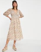 Asos Design Midi Smock Dress With Shirred Cuffs In Cream Floral Print-multi