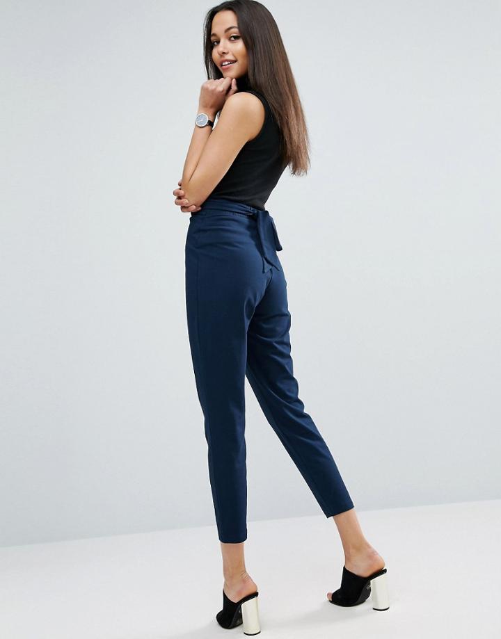 Asos High Waisted Tie Back Peg Jersey Pants - Navy