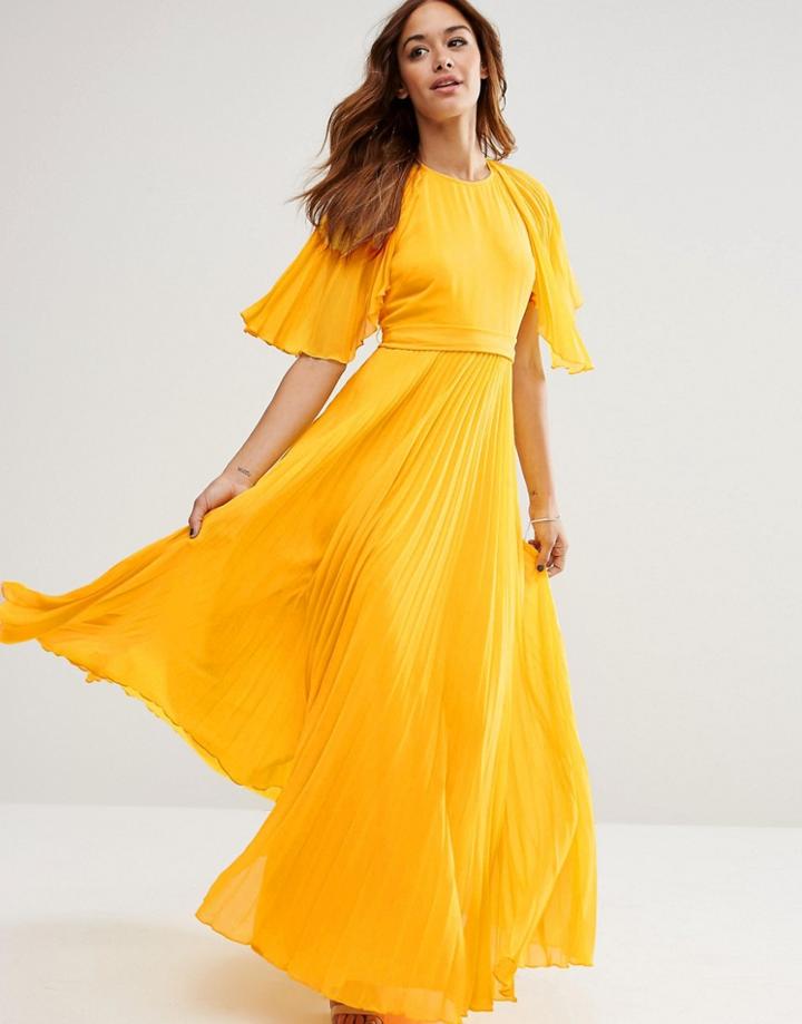 Asos Pleated Flutter Sleeve Caftan Maxi Dress - Nude