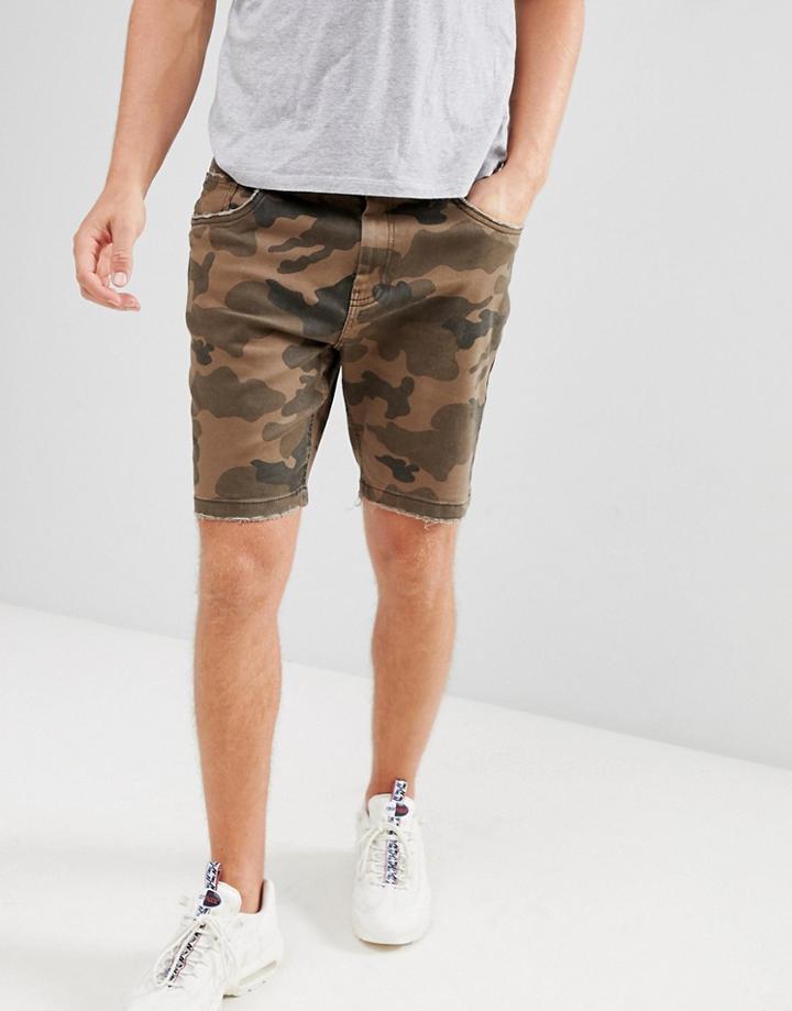 Bershka Slim Denim Shorts In Camo - Green