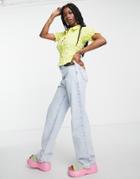 Daisy Street Crinkle Mini Shrunken 90s Shirt In Lime With Frill Sleeves-green