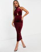 Asos Design Velvet Halter Cross Front Maxi Dress In Claret Red