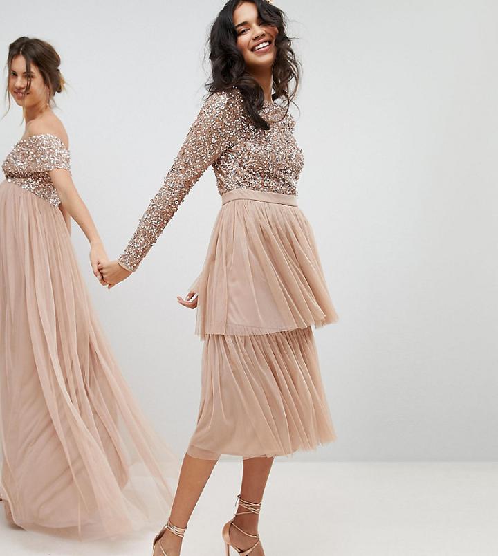 Maya Long Sleeve Sequin Top Midi Dress With Tiered Tulle Skirt - Brown