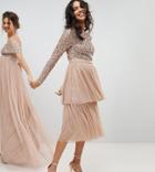 Maya Long Sleeve Sequin Top Midi Dress With Tiered Tulle Skirt - Brown