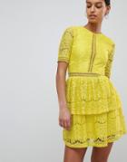 Missguided Lace Layered Mini Dress - Yellow