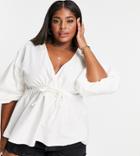 Asos Design Curve Kimono Top In Cotton With Tie Waist In Ivory-no Color