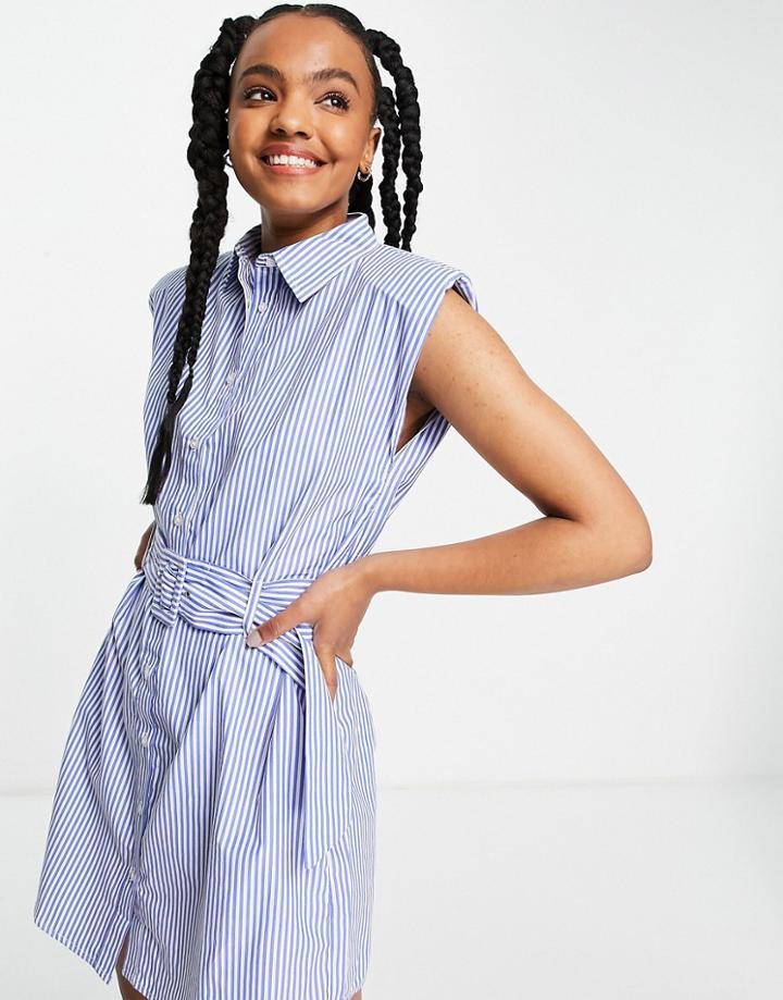 Influence Belted Waist Shirt Dress In Stripe With Shoulder Pads-blues