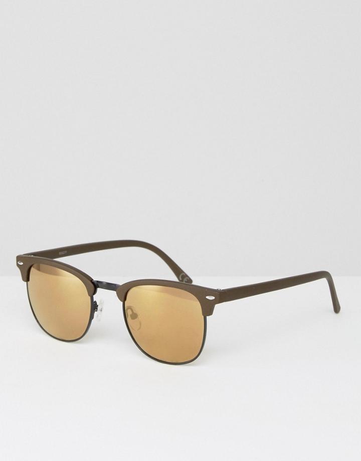 Asos Retro Sunglasses In Khaki And Black With Mirrored Lens - Green