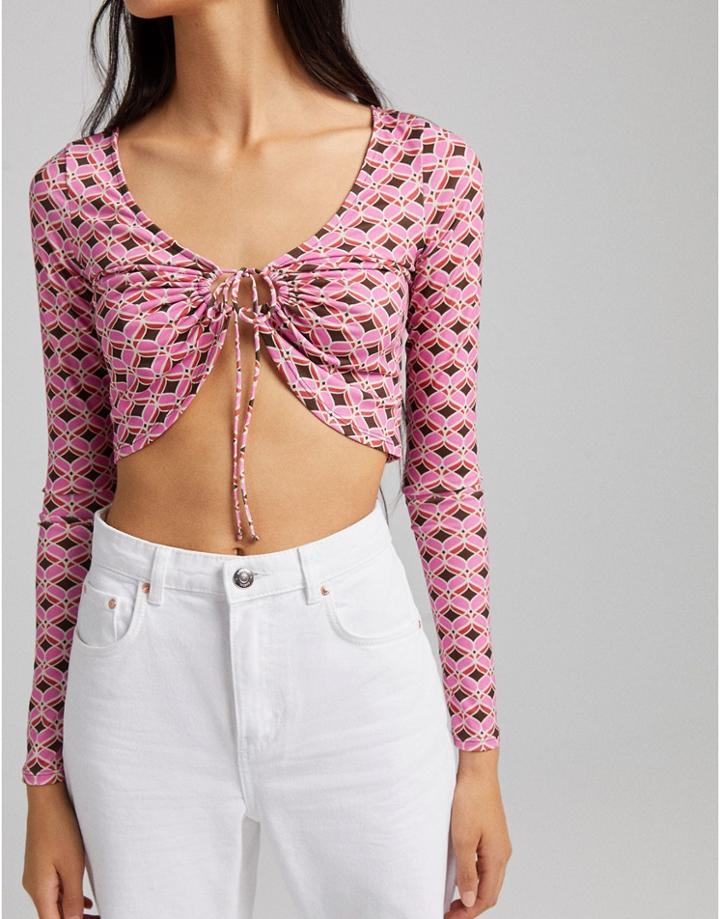 Bershka 70s Geo Print Long Sleeve Crop Top In Pink