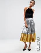 Asos Tall Pleated Midi Skirt In Metallic With Contrast Hem - Silver