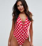 Asos Design Fuller Bust Exclusive Lace Up Gingham Frill Swimsuit Dd-g - Red