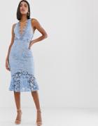 Love Triangle Extreme Plunge Eyelash Lace Midi Dress With Open Back Tiered Skirt In Blue - Blue