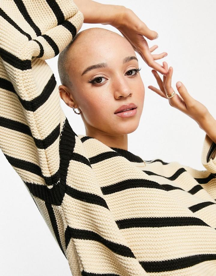 Pull & Bear Round Neck Striped Sweater In Beige-neutral