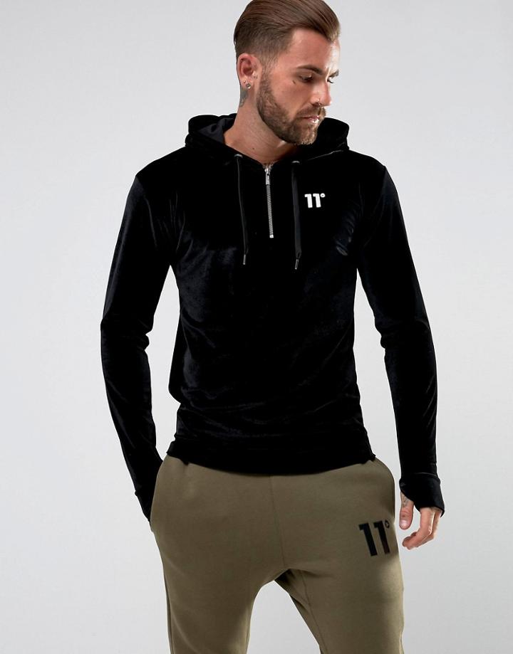 11 Degrees Hoodie With Half Zip In Black Velour - Black