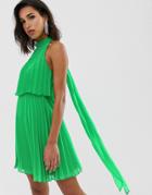 Asos Design Halter Tie Neck Mini Dress In Pleat - Green