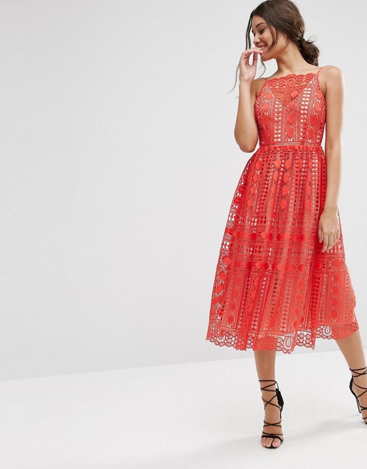 Asos Premium Occasion Midi Dress In Geo Lace - Red