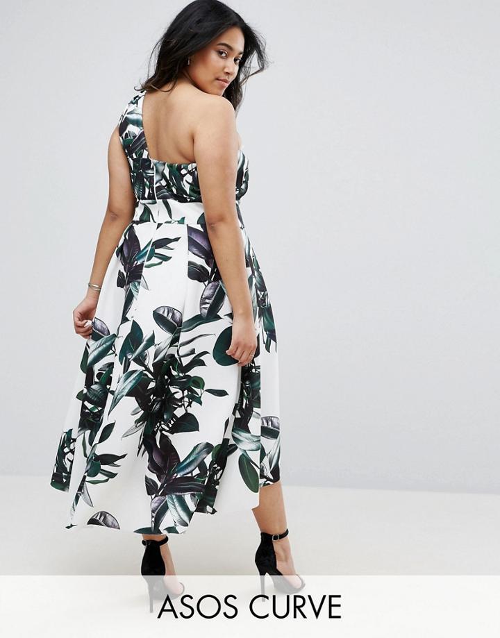 Asos Curve Palm Print One Shoulder Scuba Dip Back Prom Dress - Multi