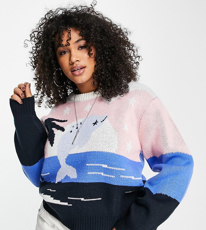 Reclaimed Vintage Inspired Plus Sweater With Dolphin Print-multi