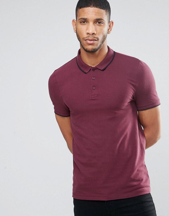 Asos Muscle Pique Polo Shirt With Contrast Collar And Sleeve Tipping In Conker/black - Multi