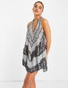 Asos Design Patchwork Embellished Halter Mini Dress With Open Back-grey