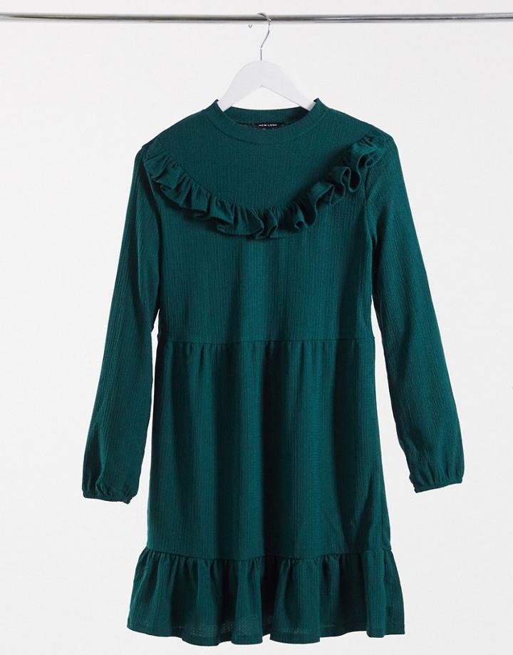 New Look Ruffle Detail Smock Mini Dress In Green