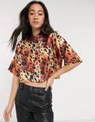 Asos Design Short Sleeve Cropped Shirt In Leopard Print-multi