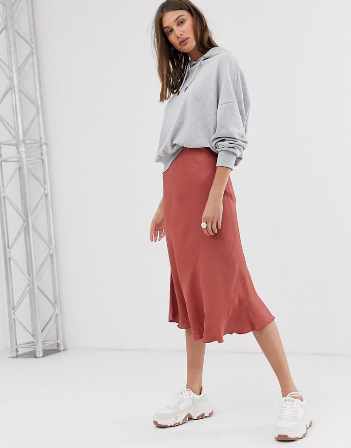 Weekday Midi Satin Skirt In Rust - Brown