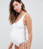 Asos Design Maternity Glam Eyelet Lace Up Swimsuit In White - White