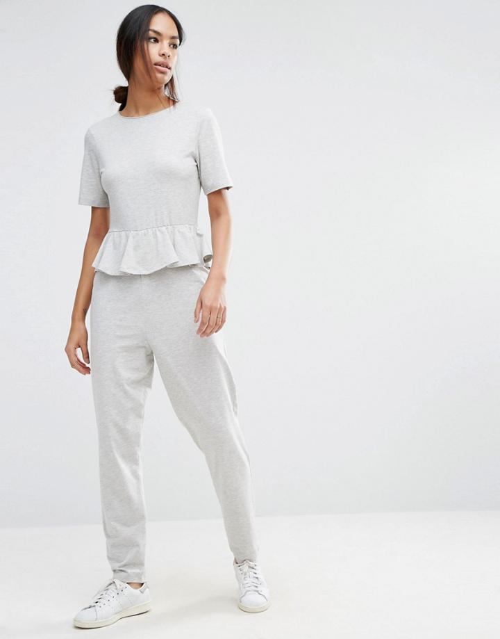 Asos T-shirt Jersey Jumpsuit With Ruffle Peplum - Gray