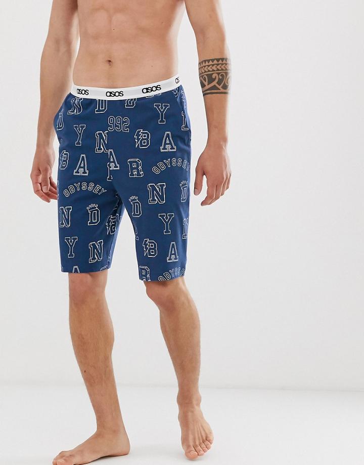 Asos Design Lounge Pyjama Short In Navy With Varsity Print - Navy