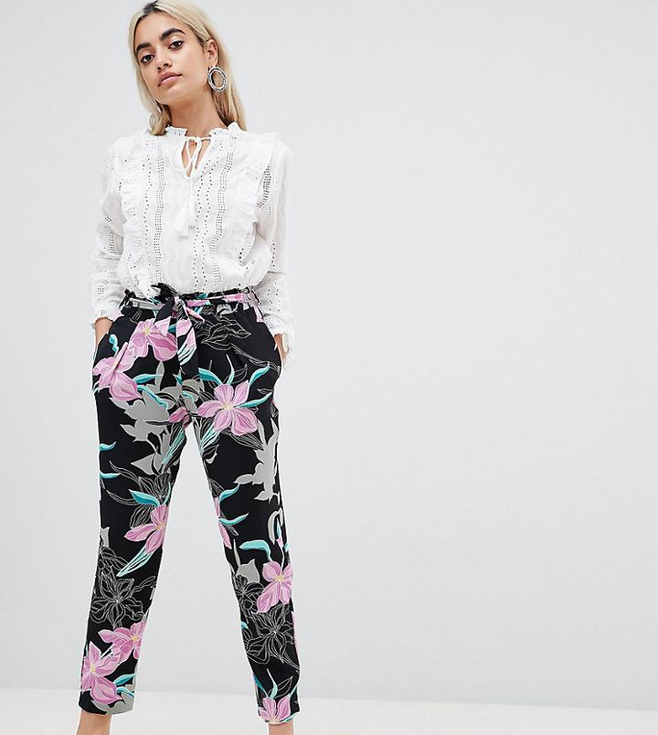 River Island Petite Floral Print Tie Waist Tapered Pants - Black