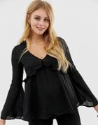 Brave Soul Bell Sleeve Blouse With Ruffle Detail In Black - Black