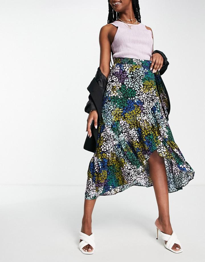 Asos Design Wrap Midi Skirt With Ruffle Hem In Mutli Floral Animal-multi