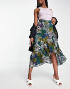 Asos Design Wrap Midi Skirt With Ruffle Hem In Mutli Floral Animal-multi