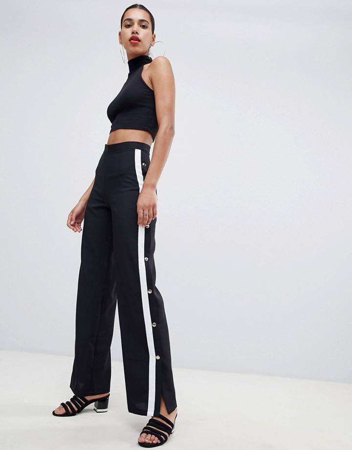 Prettylittlething Popper Contrast Stripe Pants - Black