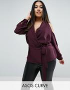 Asos Curve Wrap Blouse With Shawl Collar And Cold Shoulder - Purple