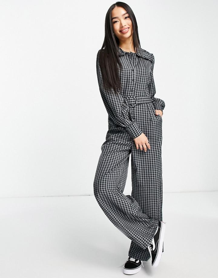 Lola May Ruffle Collar Belted Jumpsuit In Black Gingham