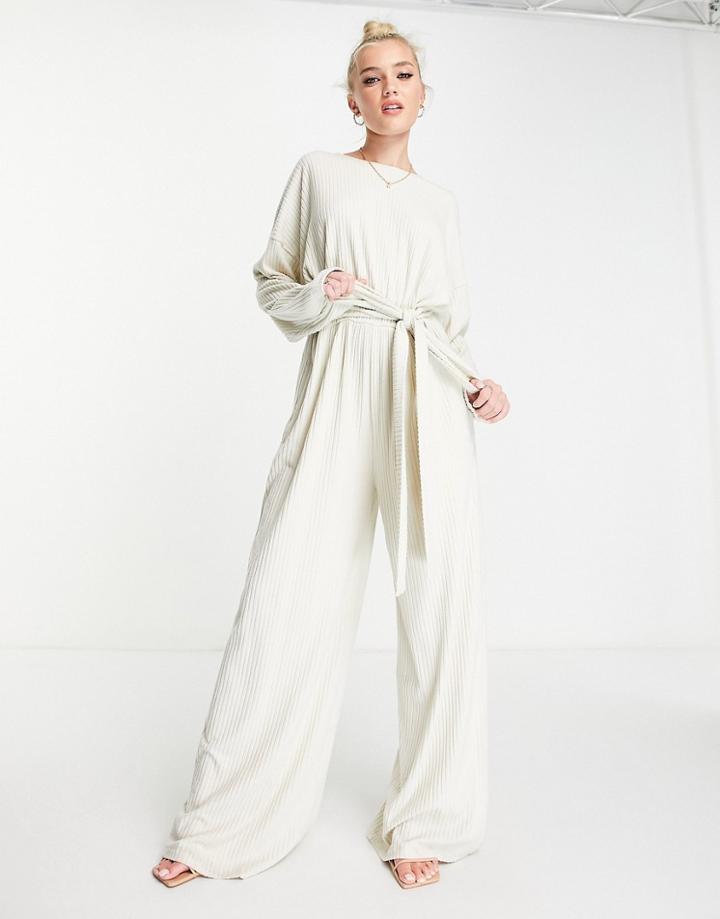 Style Cheat Long Sleeve Tie Waist Wide Leg Jumpsuit In Cream-black