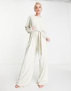 Style Cheat Long Sleeve Tie Waist Wide Leg Jumpsuit In Cream-black