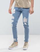 Asos Skinny Jeans In Light Wash Blue Vintage With Heavy Rips And Repair - Blue