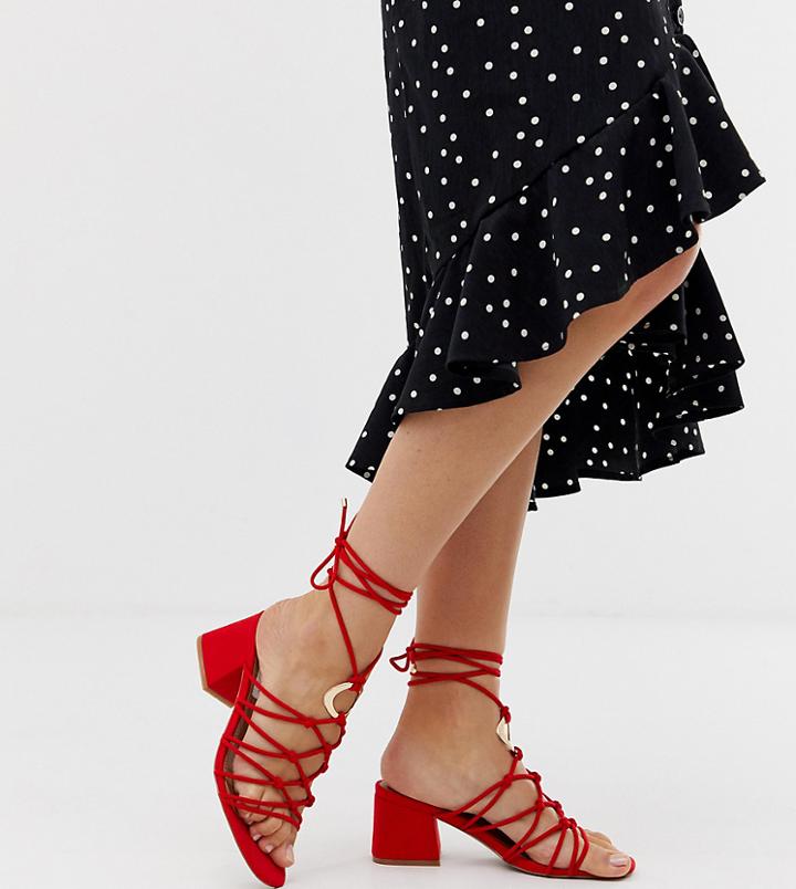 Asos Design Wide Fit Harvey Knotted Ring Detail Block Heeled Sandals - Red