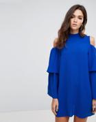 Ax Paris Cold Shoulder Frill Sleeve Shift Dress - Blue