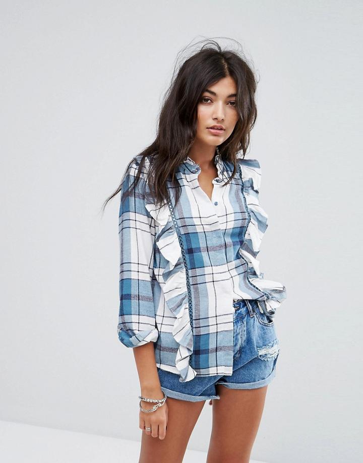 Noisy May Ruffle Check Shirt - Blue