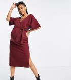 Asos Design Maternity Super Soft V-neck Belted Midi Sweater Dress In Merlot-red
