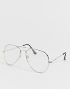 Asos Design Aviator Glasses With Clear Lens In Silver - Silver