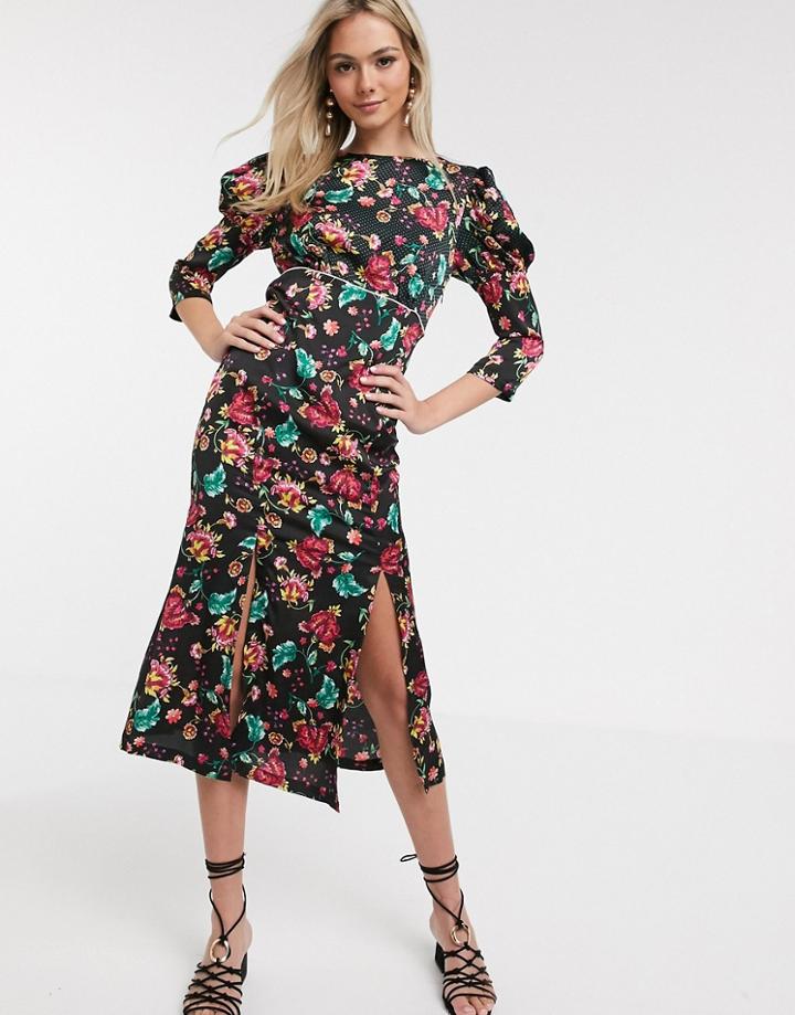 Liquorish Satin Midi Dress With Sharp Shoulder Detail In Black Print-multi