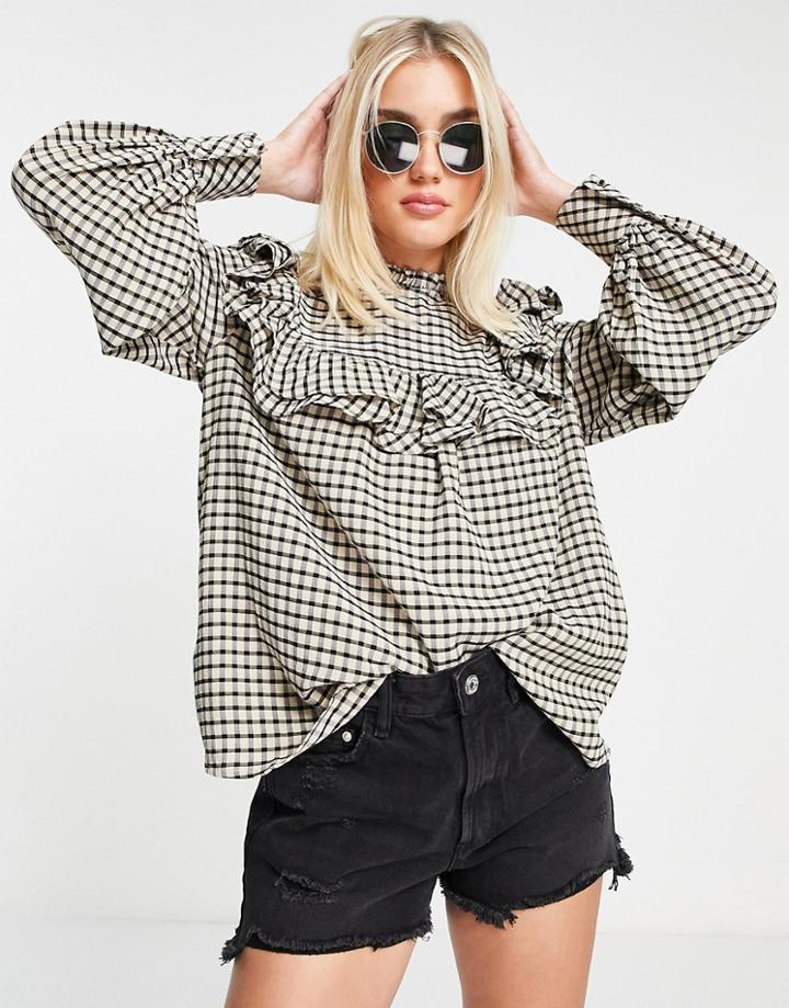 Urban Revivo Frill Detail Blouse In Check Print-yellow