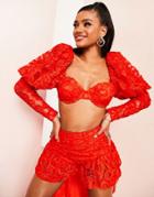 Asos Luxe Lace Long Sleeve Crop Top With Puff Sleeves In Orange - Part Of A Set-green